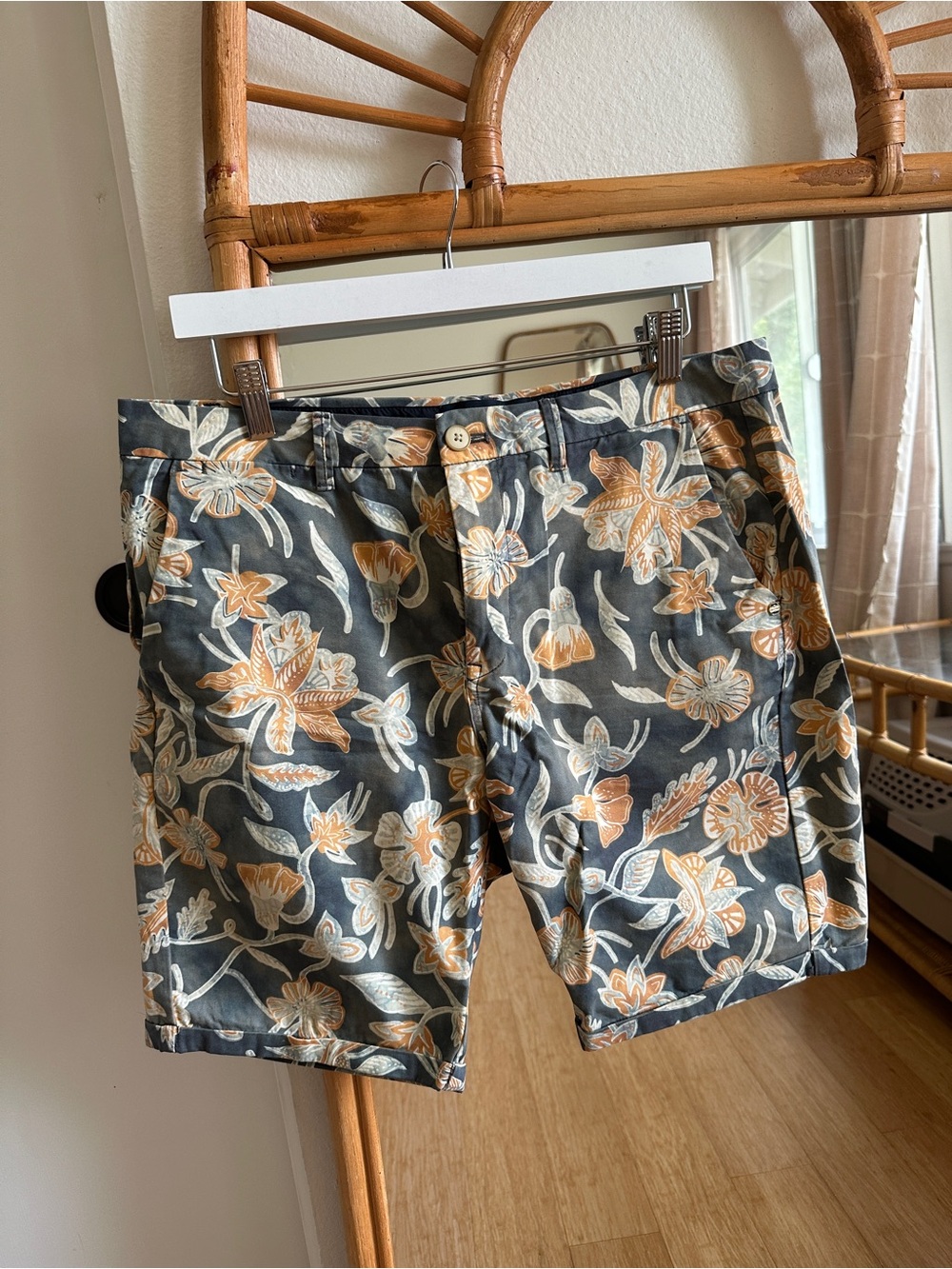 Scotch & Soda Black Floral Print Flat-Front Shorts with Tan Accents
